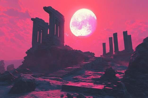 Photo a pink moon is rising over the ruins of a building