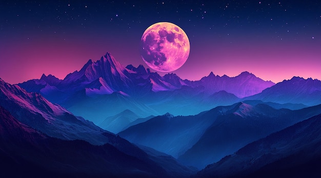 Photo a pink moon is seen over the mountains