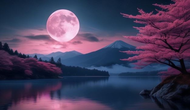 A pink moon is shining over a lake with a pink full moon