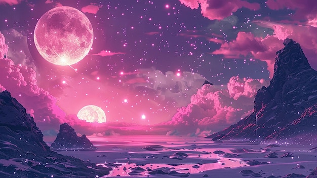 a pink moon is shining on the water and the moon is glowing in the sky