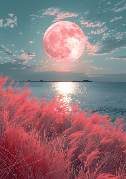 A pink moon is in the sky above a body of water