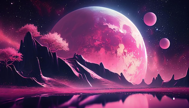 A pink moon and a planet with a pink moon