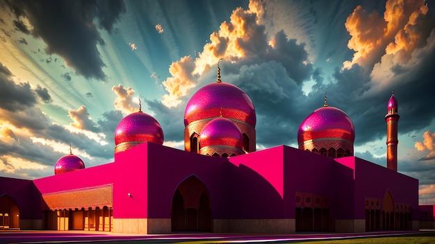 A pink mosque with a cloudy sky in the background