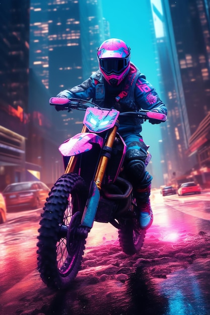 A pink motorcycle is driving through the city