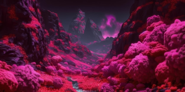 A pink mountain with a river in the middle of it