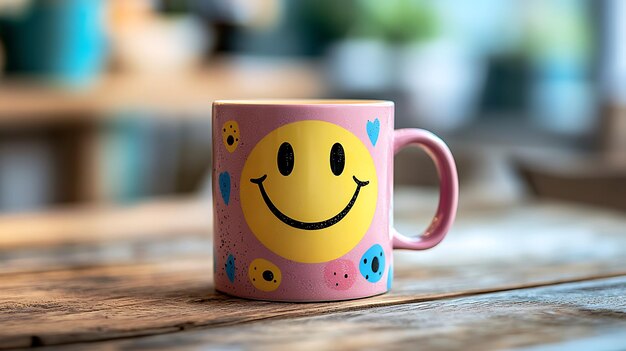 Photo a pink mug with a smiley face design sits on a wooden table