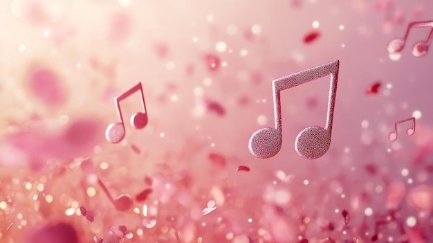 Pink music notes fall against a pink background with bokeh lights