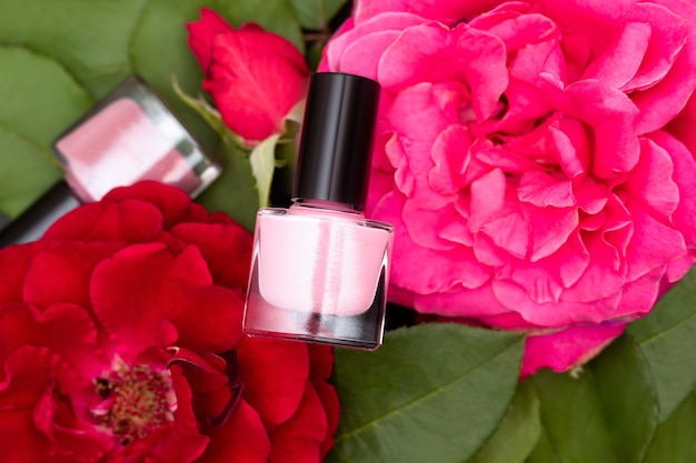 Pink nail polish bottles with pink and red rose blossom. Pink nail polish bottle on red flowers background.