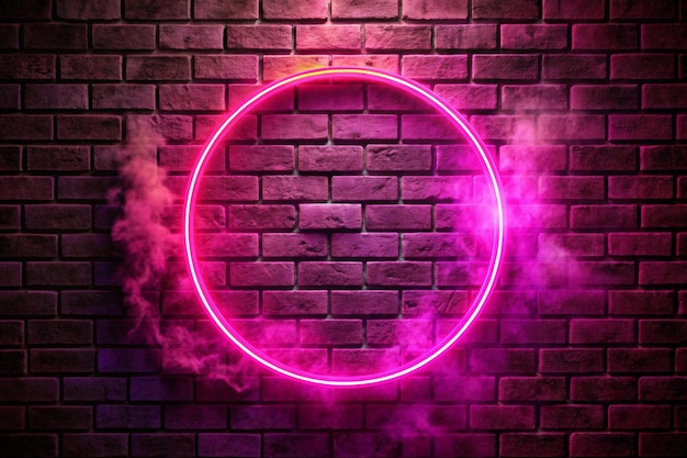 Photo pink neon circle on the brick wall on smoke bright banner advertising with copy space