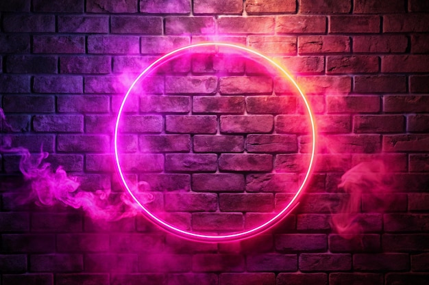 Photo pink neon circle on the brick wall on smoke bright banner advertising with copy space