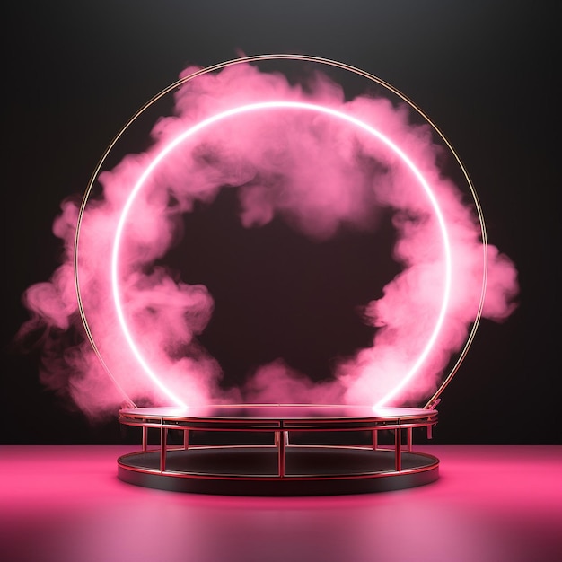 Pink neon circle frame with podium and smoke