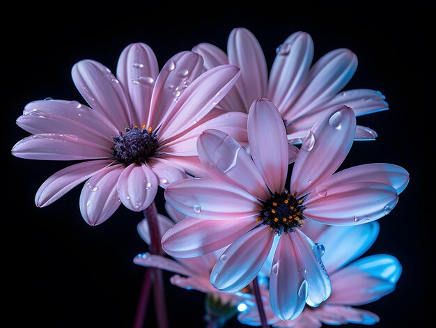 pink neon daisy flowers on a black background with blue light