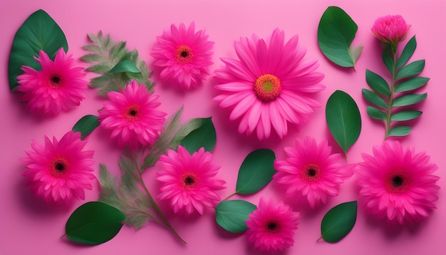 Pink neon lights colorful flowers arrangement with natural green leaves