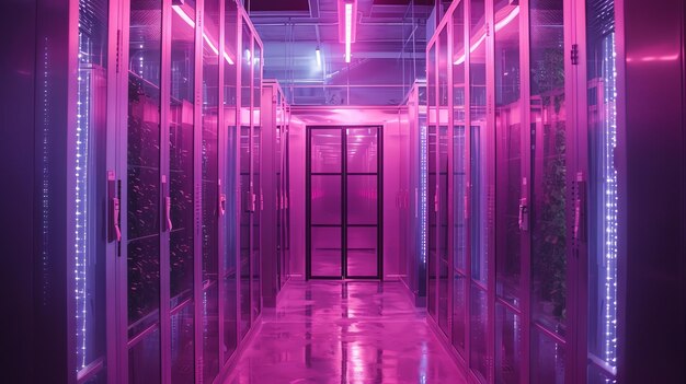 Pink neon lights illuminate a long hallway of server racks in a data center