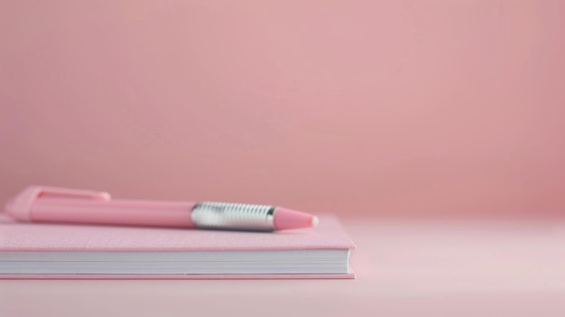 Photo pink notebook and pen on soft pink surface in minimalist setting