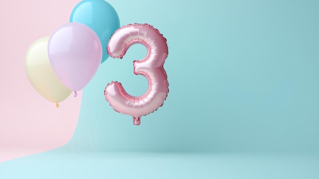 Photo a pink number 3 balloon with three other balloons on a pink and blue background