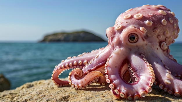 Pink octopus with the sea in the background generative AI