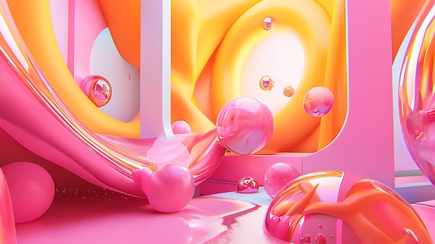 Pink and orange abstract 3D rendering Futuristic room with pink glossy balls