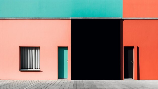 A pink and orange building with a black door that says'the door '