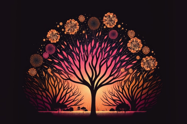 Pink and orange fireworks with a tree like pattern and a dark night background