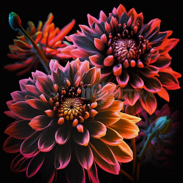 Pink orange and lilac flowers on black background