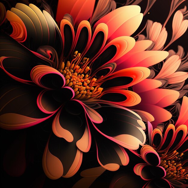 Pink orange and lilac flowers on black background