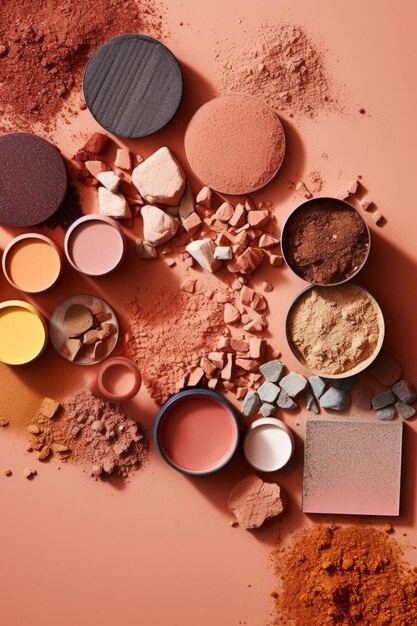 A pink and orange palette with different colored powders and a pink background.