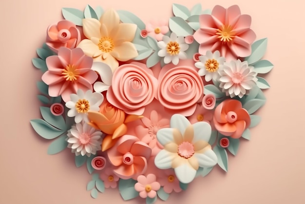 Pink and orange paper flowers in a heart shape