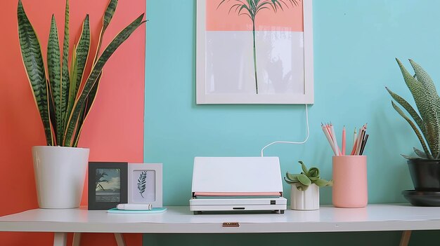 Photo a pink and orange picture frame is on a wall with a plant in it