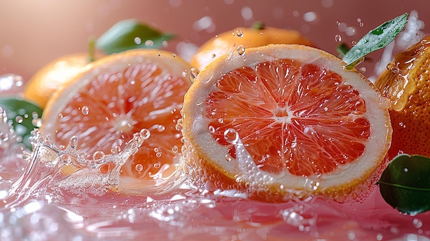 Pink and Orange Water with Cut Oranges and Green Leaves Floating