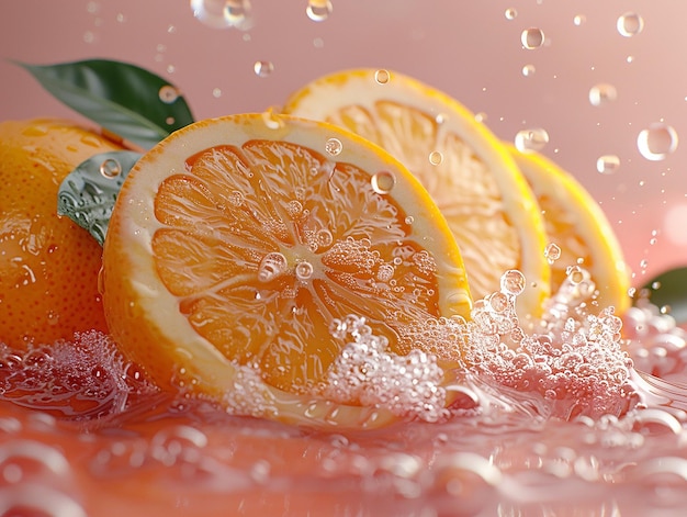 Pink and Orange Water with Cut Oranges and Green Leaves Floating