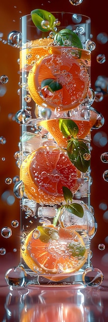 Pink and Orange Water with Cut Oranges and Green Leaves Floating