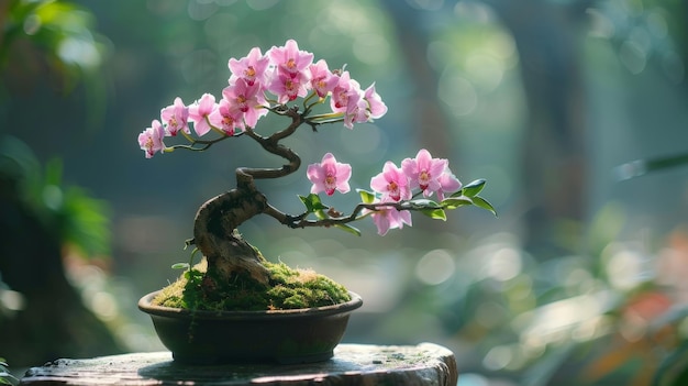 A pink orchid bonsai tree with green leaves in a brown pot against a blurred green background