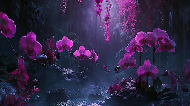 Pink Orchid Flowers in a Mystical Cave