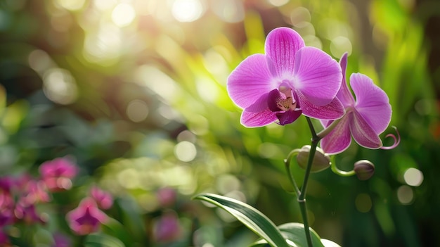 Pink orchid in sunlit garden with lush greenery