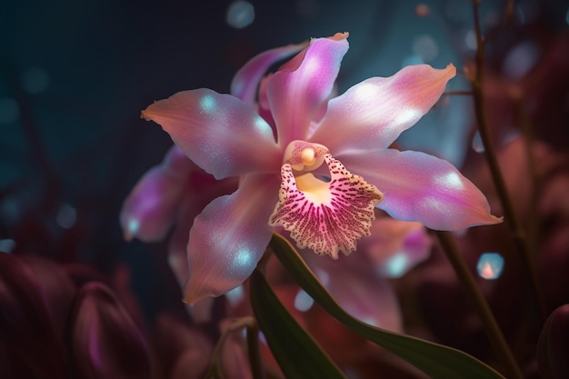 A pink orchid with a blue background