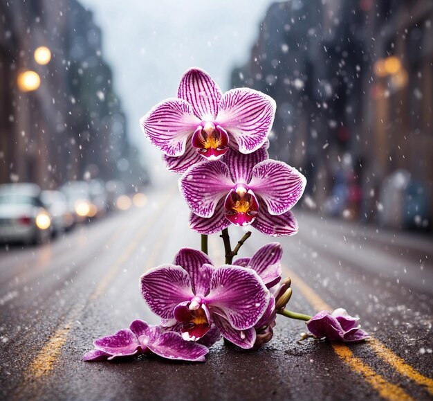 Pink orchids on the street in New York City during the rain