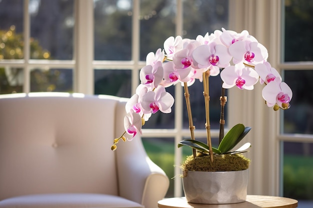 Pink orchids in a vase on a windowsill with white chairs