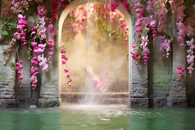 Pink orchids and waterfall in the garden at thailand