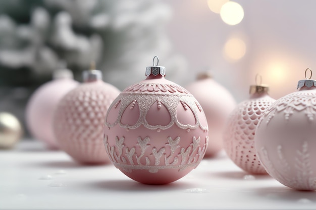 Pink ornaments on a table with a white background