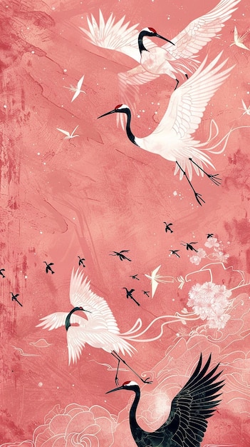 Photo pink paint with white cranes and dragonflies