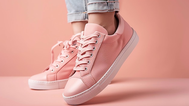 a pink pair of sneakers with pink laces and a pink shoe