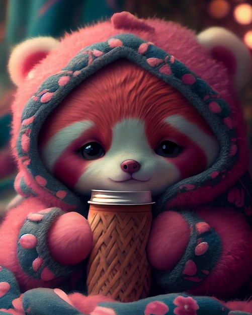 A pink panda with a cup of coffee