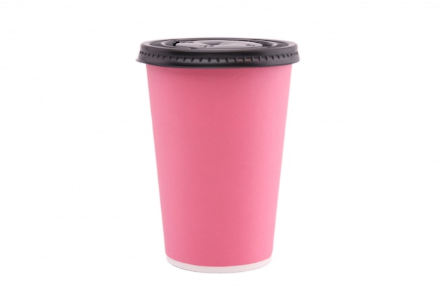 Pink paper cup isolated on white background.