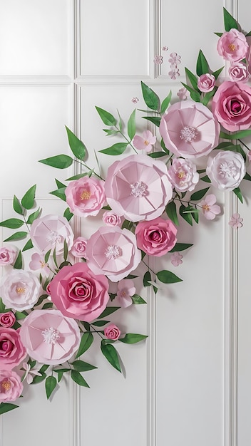 Photo pink paper flowers and green leaves on white background