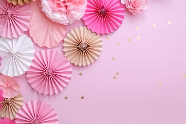 Pink paper flowers on a pink background with a gold glitter.