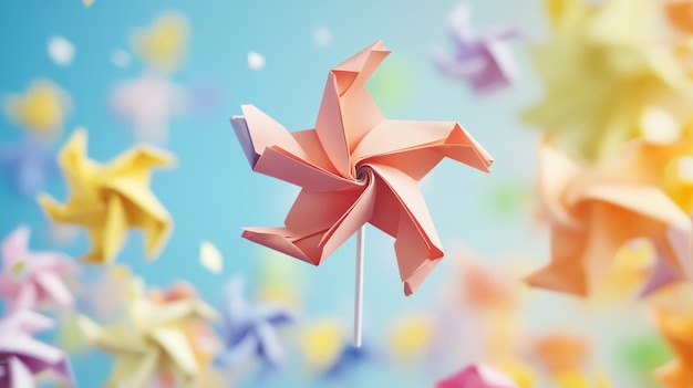 Photo a pink paper pinwheel with a stick against a blue background with colorful paper pinwheels out of focus