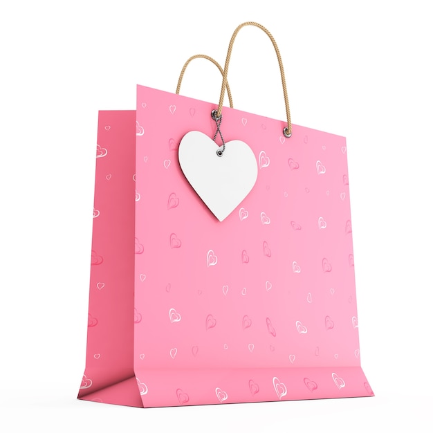 Pink Paper Shopping Bag with White Heart Label on Rope on a white background. 3d Rendering