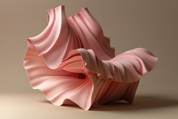 A pink paper with wavy edges is folded into the shape of an abstract chair against a light brown bac