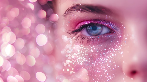 A pink pastel background with sparkling glitter focusing on the face